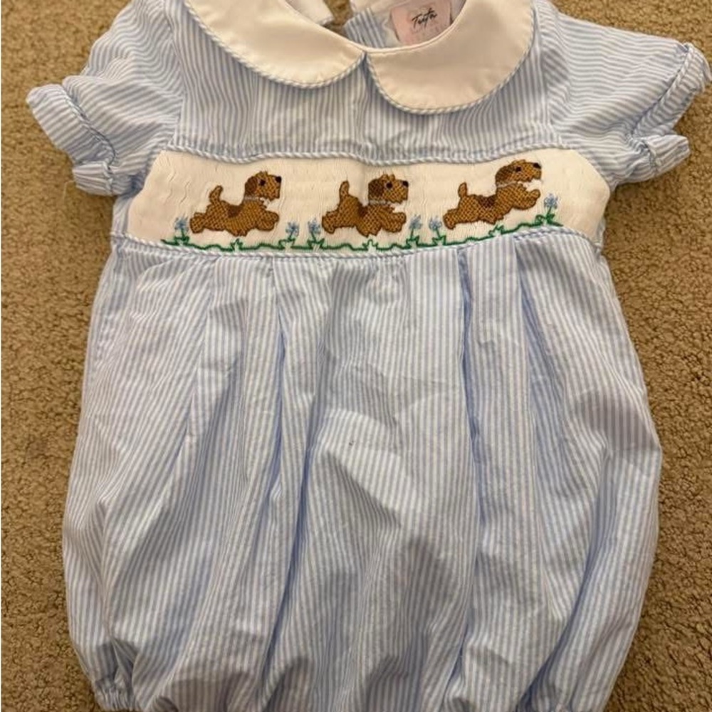 Blue Striped Kids Matching Set with Puppy Design